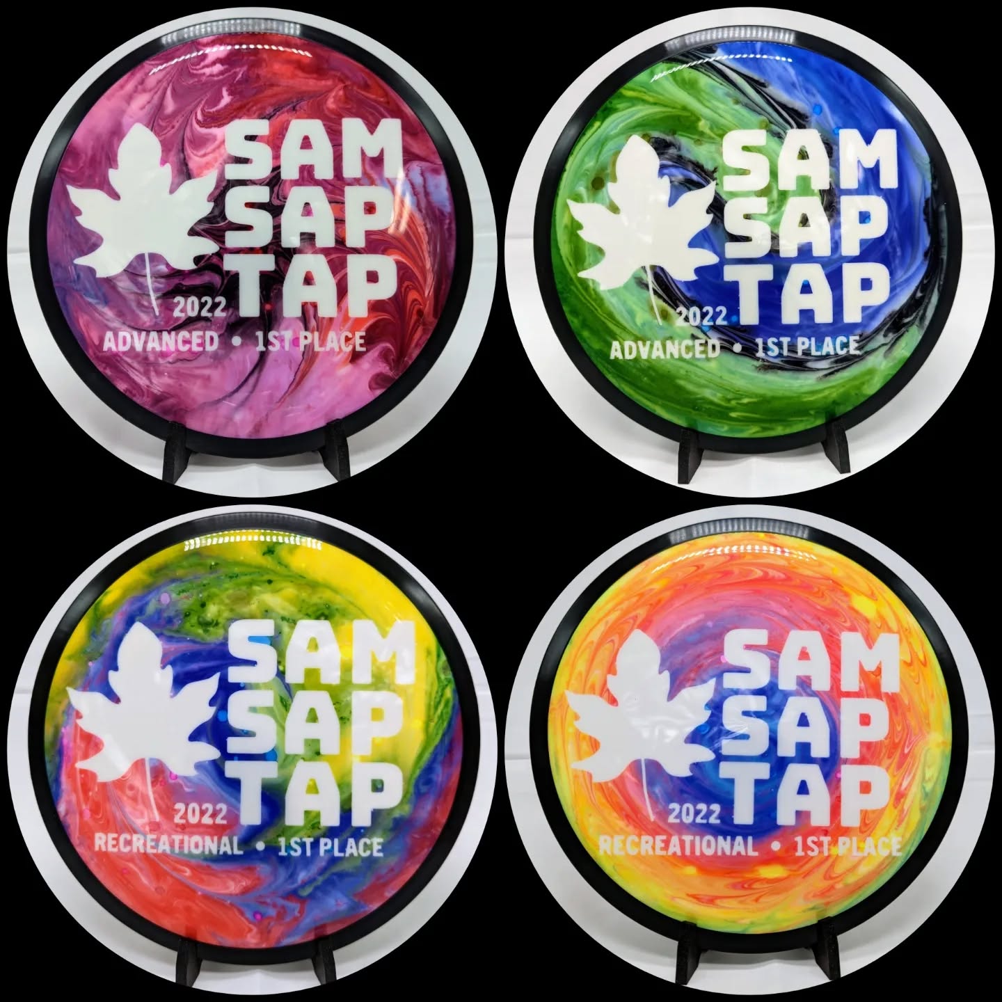 These are the 4 discs I dyed for the 1st place winners in the St. Albans Museum Sap Tap! It's a 1 round, amateur, charit